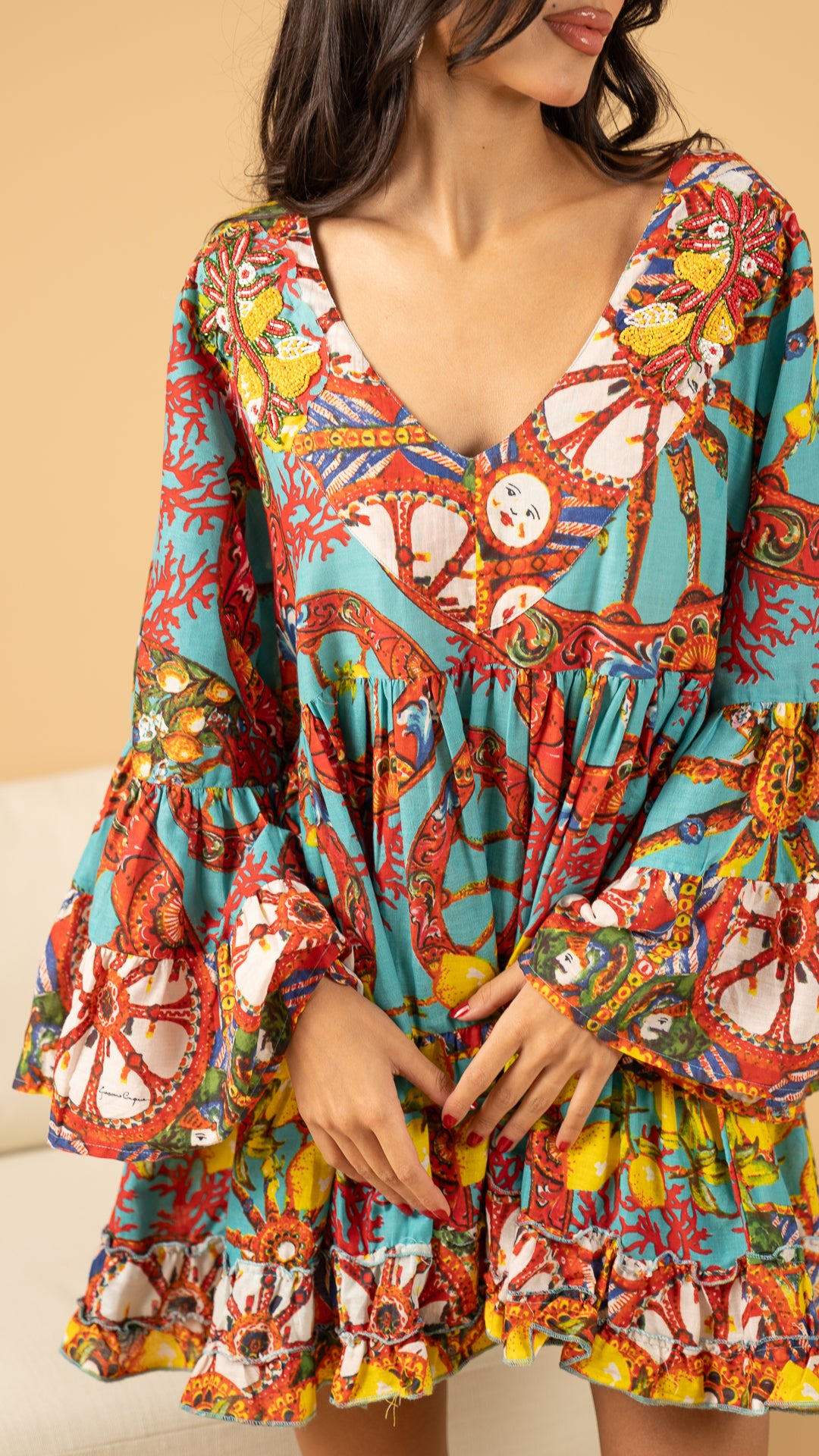 Blue Summer long sleeve Dress نفنوف