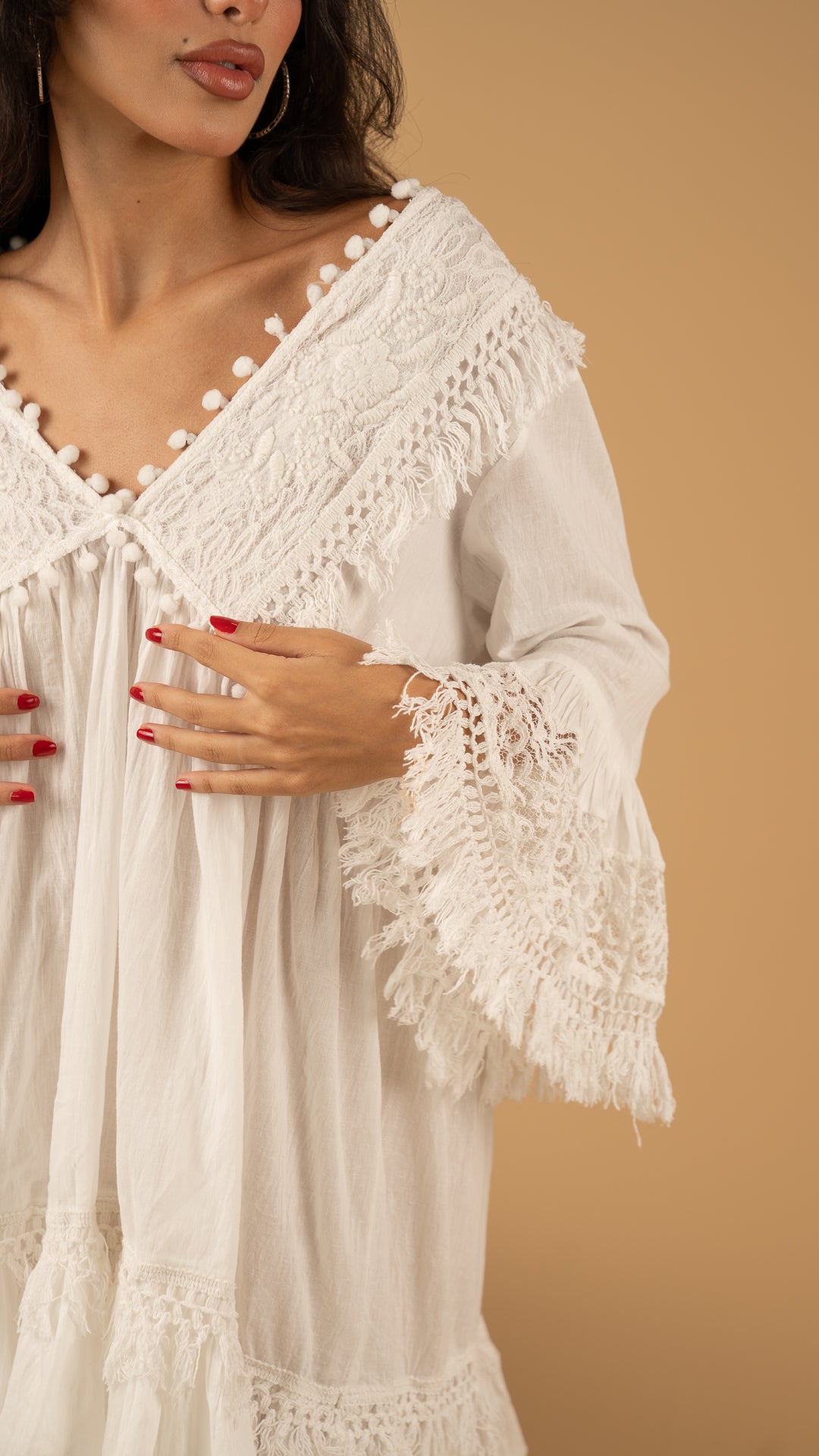 White Summer dress نفنوف / V long sleeve