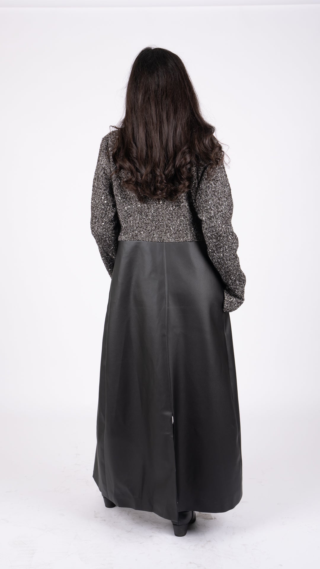 Long leather tweed coat